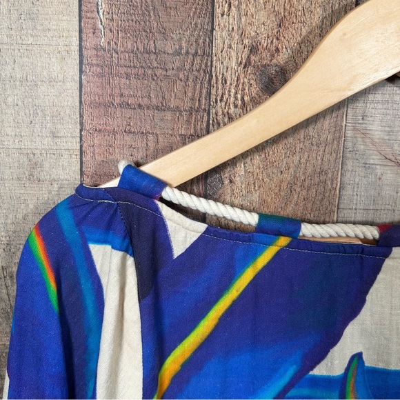 Farm Rio Anthropologie Linen Blend Rope Tassel Boho Blouse Top Medium Tropical - Picture 5 of 8